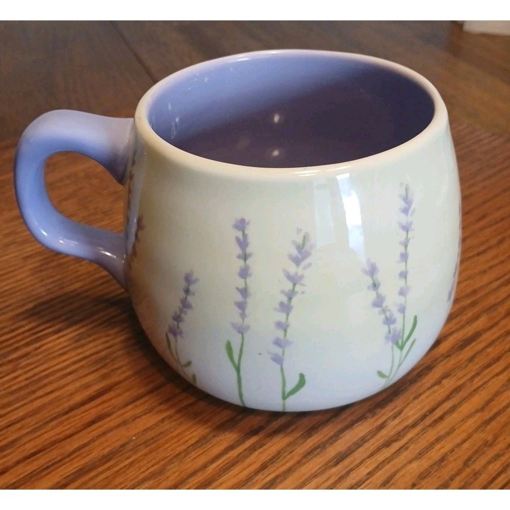 World Market Lavender Floral Ceramic Mug Large Purple Ivory Botanical Coffee Tea - Picture 2 of 9